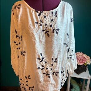 Kindred White & Navy Blue Embellished 3/4 Sleeve Blouse